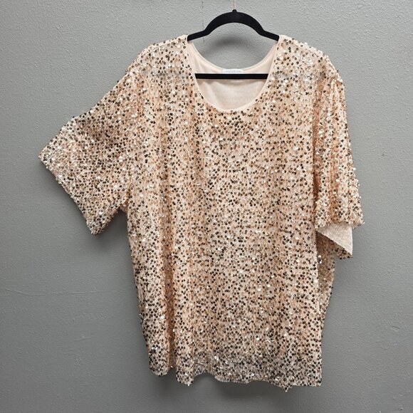 Chic Soul Shirt Womens 3XL Blush Rose Gold Sequin Lined Short Sleeve Party Top - Picture 1 of 11